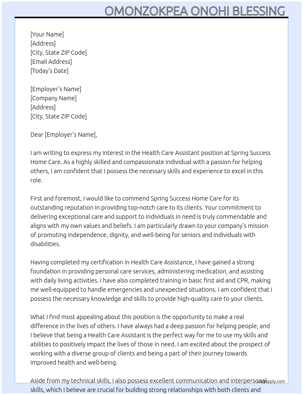 Health care assistant  At Spring success home care  Cover Letter