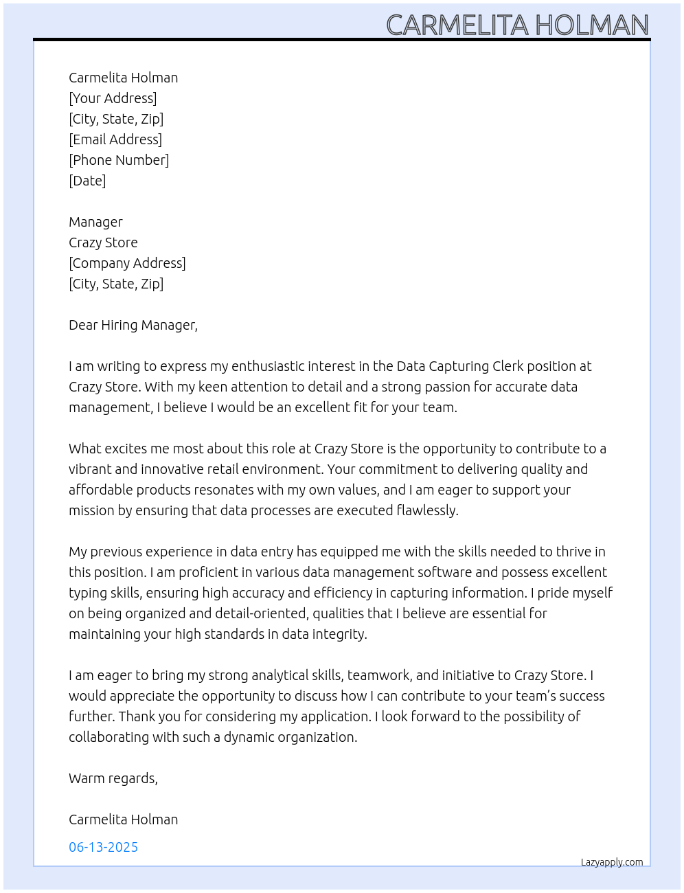 Data Capturing Clerk At Crazy Store Cover Letter