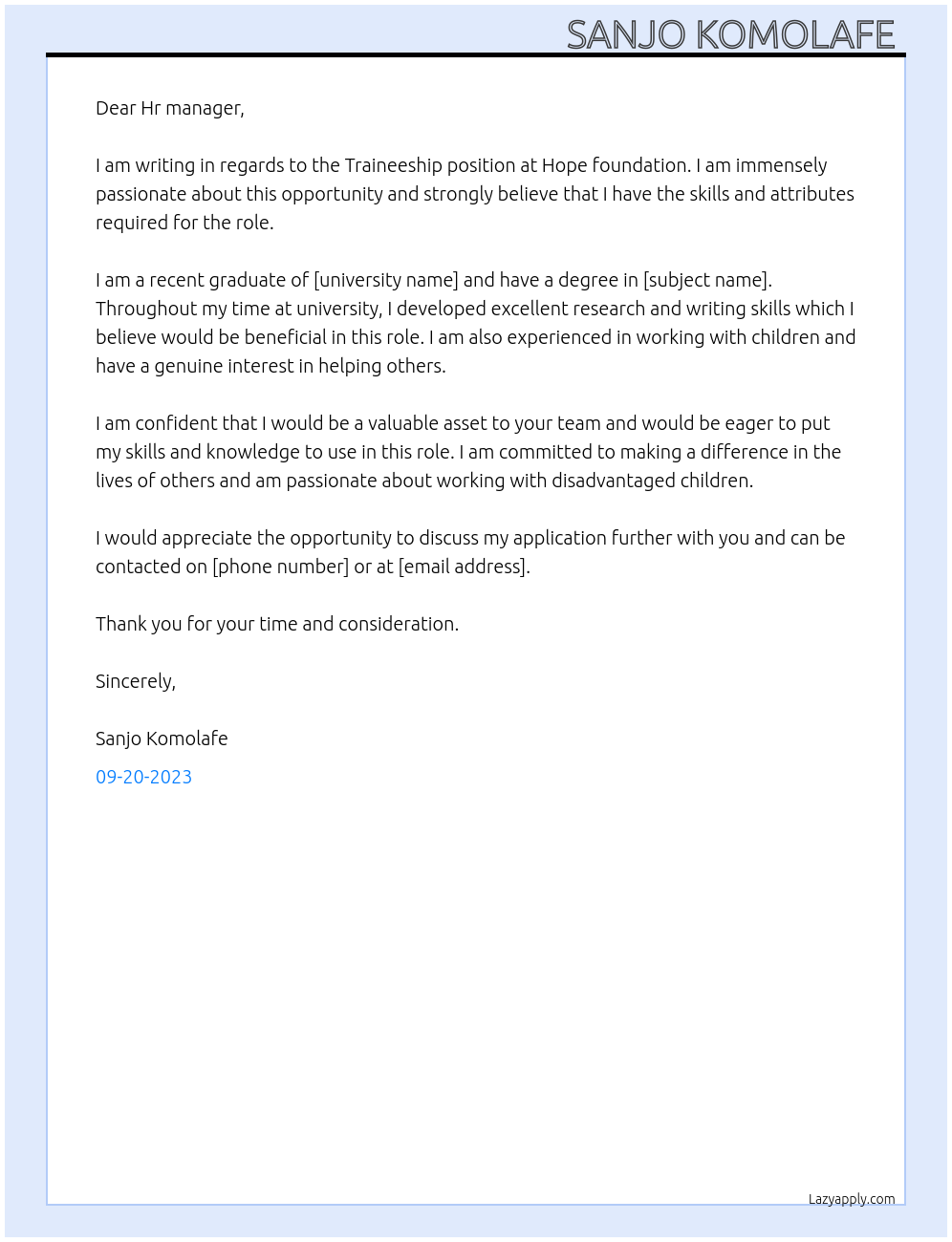 Traineeship At Hope foundation Cover Letter