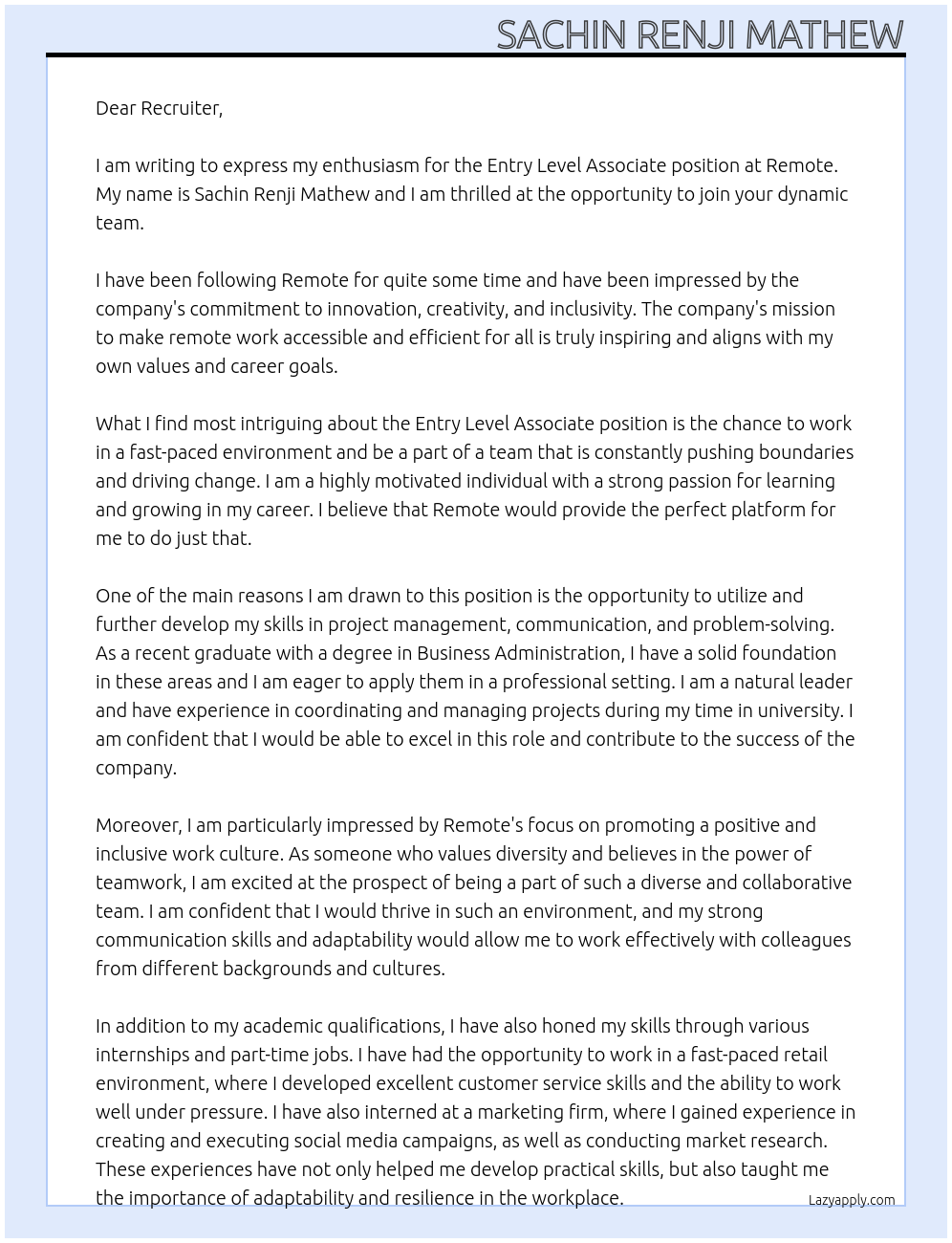 Entry level associate At Remote Cover Letter