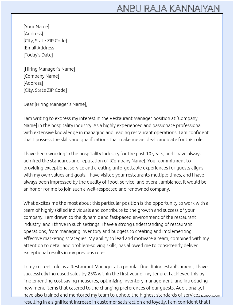 restaurant manager At hospitality Cover Letter