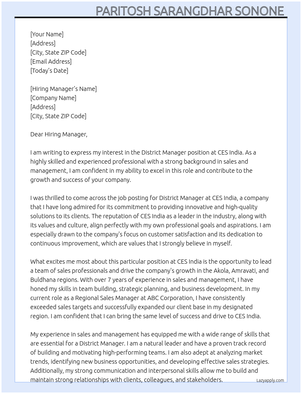 District manager At CES India Cover Letter