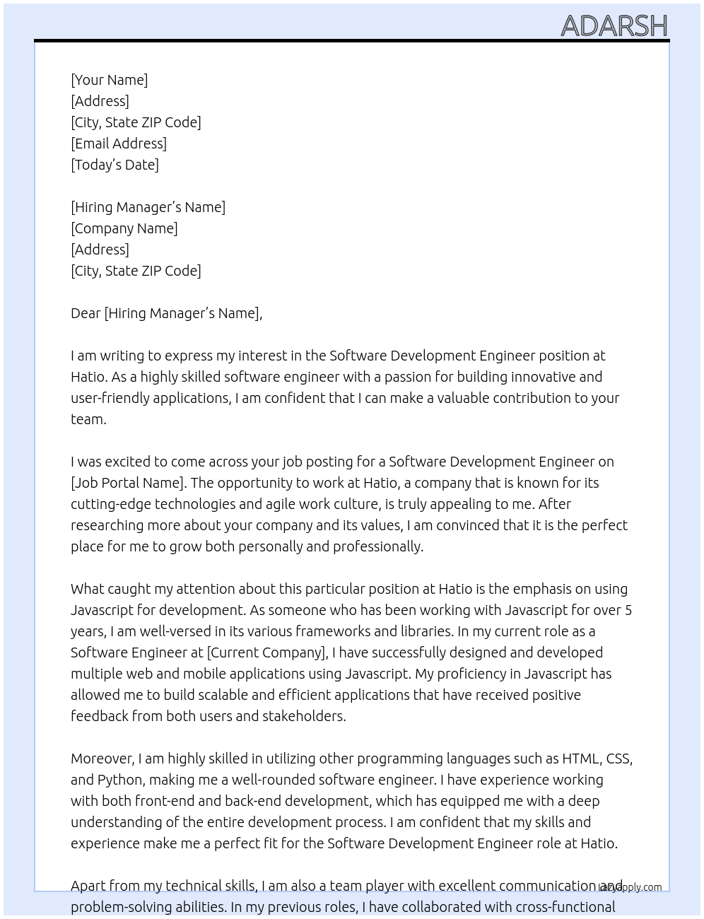 Software Development Engineer At Hatio Cover Letter