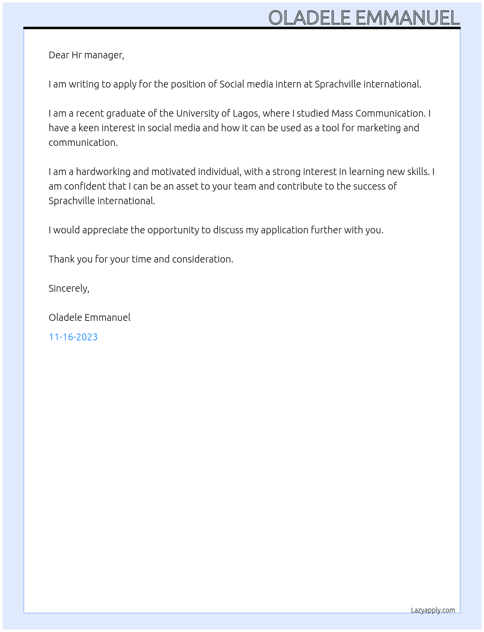 Social media intern At Sprachville international Cover Letter