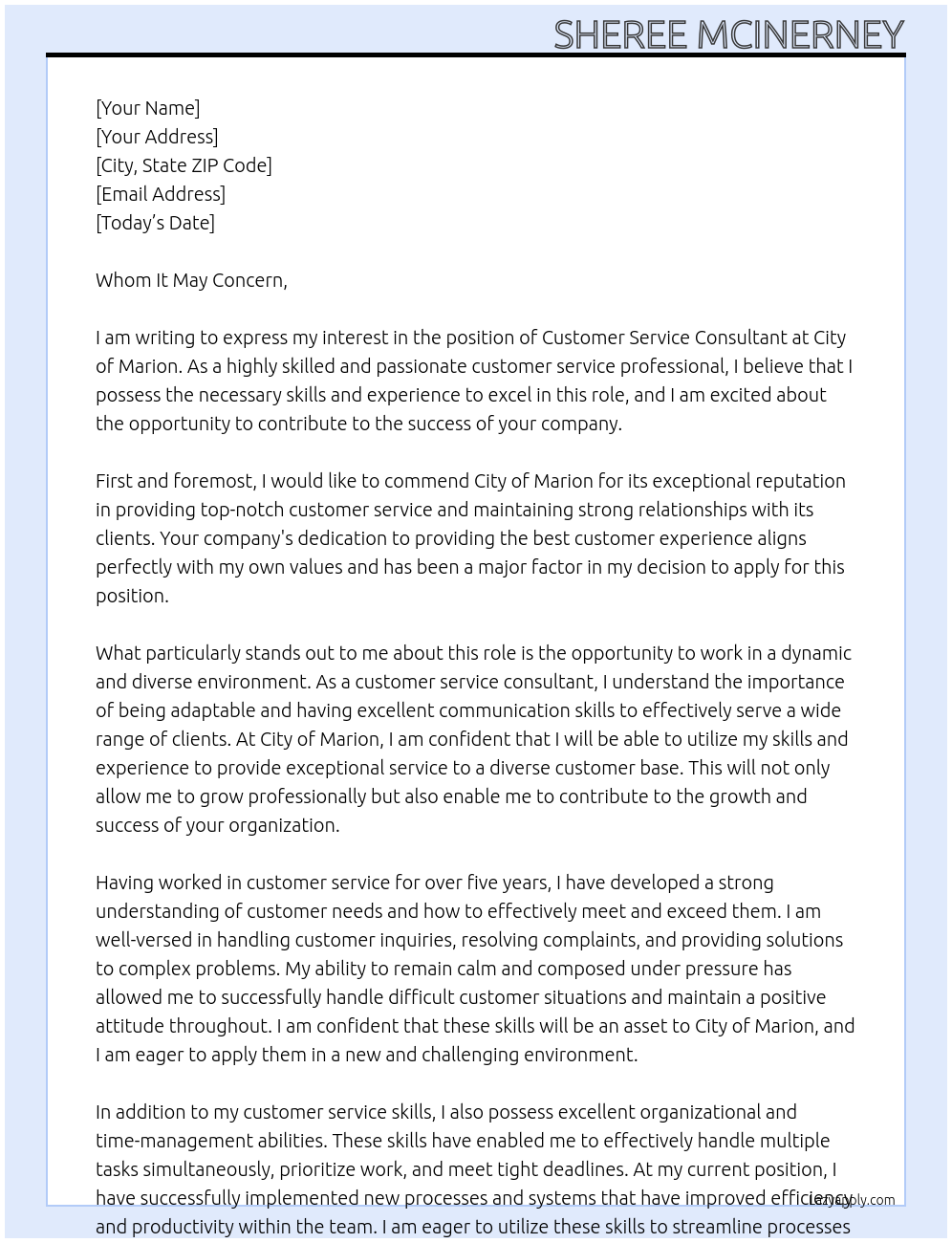 Customer Service Consultant At City of Marion Cover Letter