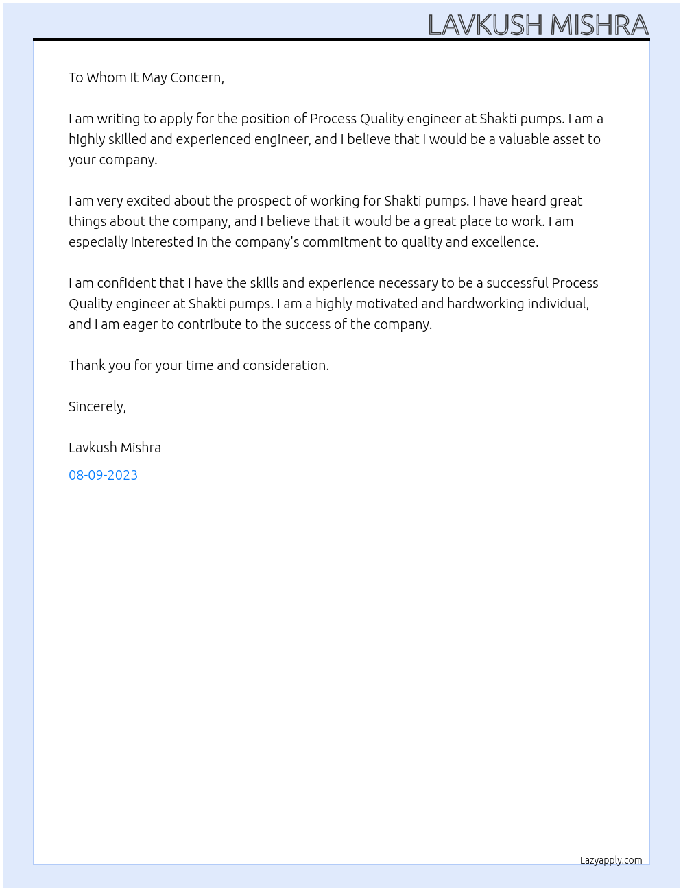 Process Quality engineer  At Shakti pumps  Cover Letter