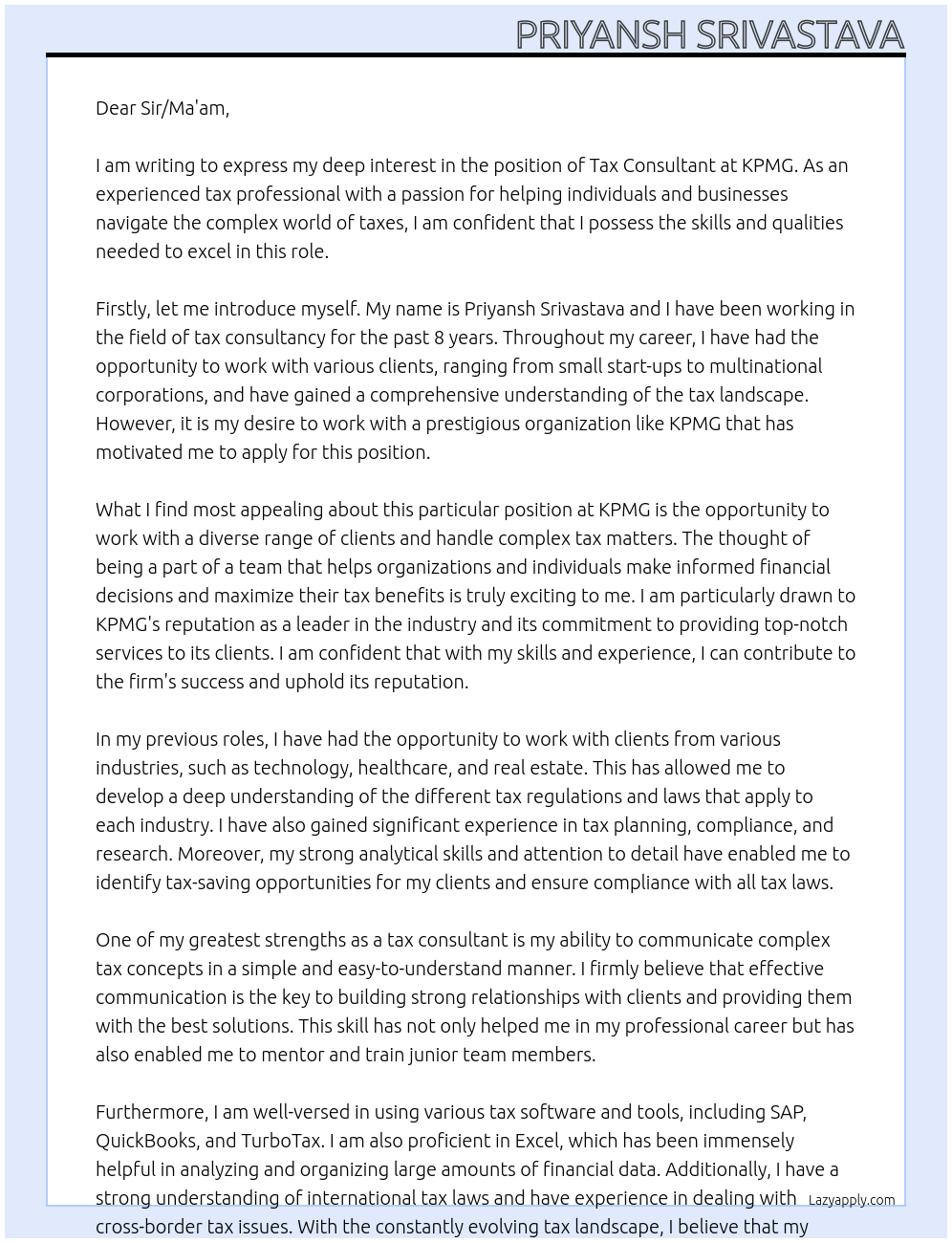 Tax Consultant At KPMG Cover Letter