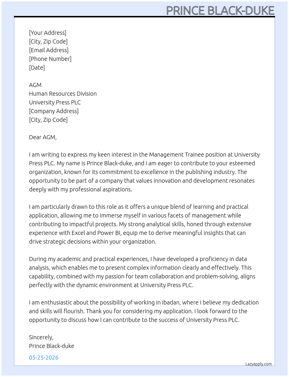 Management trainee At University press PLC Cover Letter
