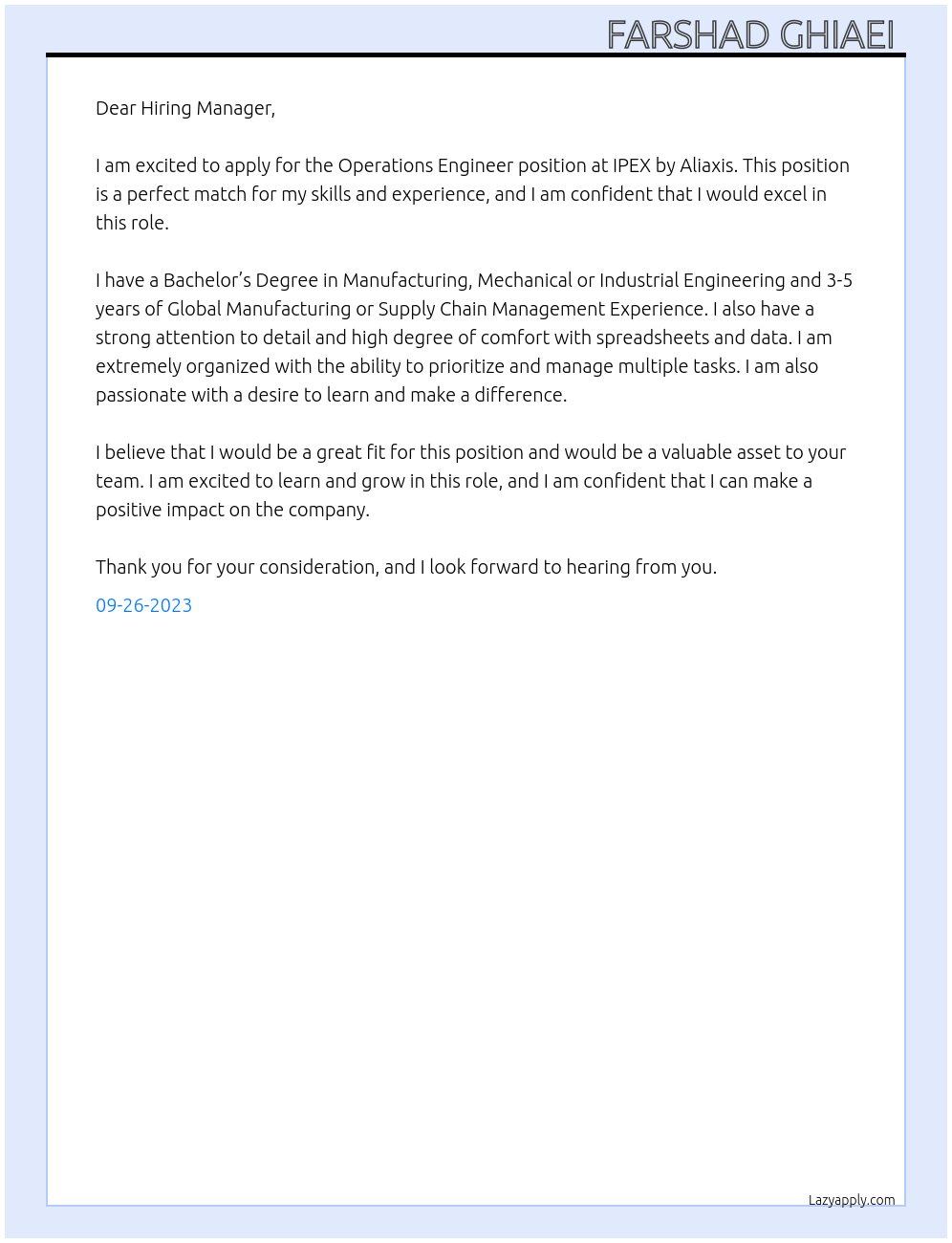 Operations Engineer At IPEX by Aliaxis Cover Letter