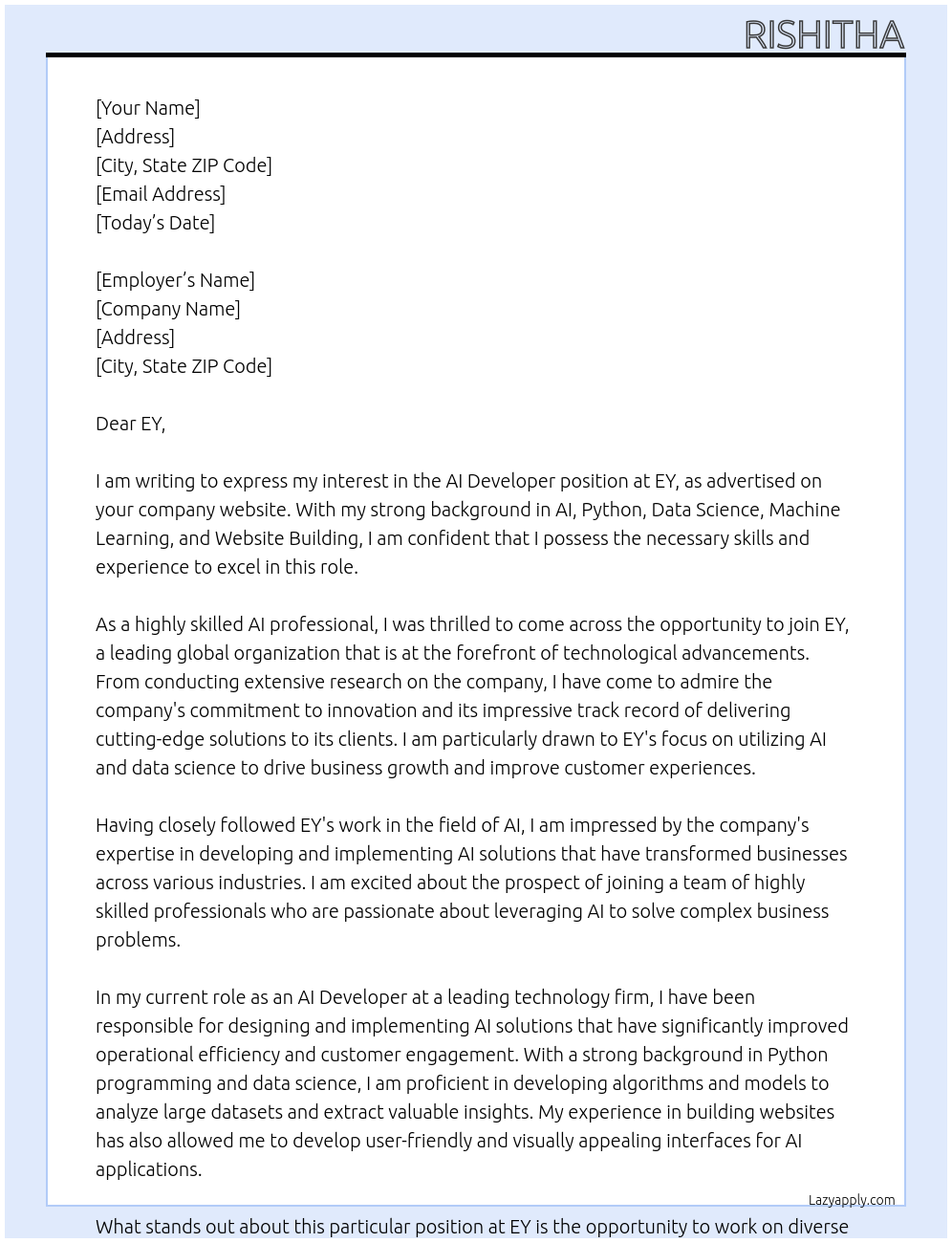 AI Developer At EY Cover Letter