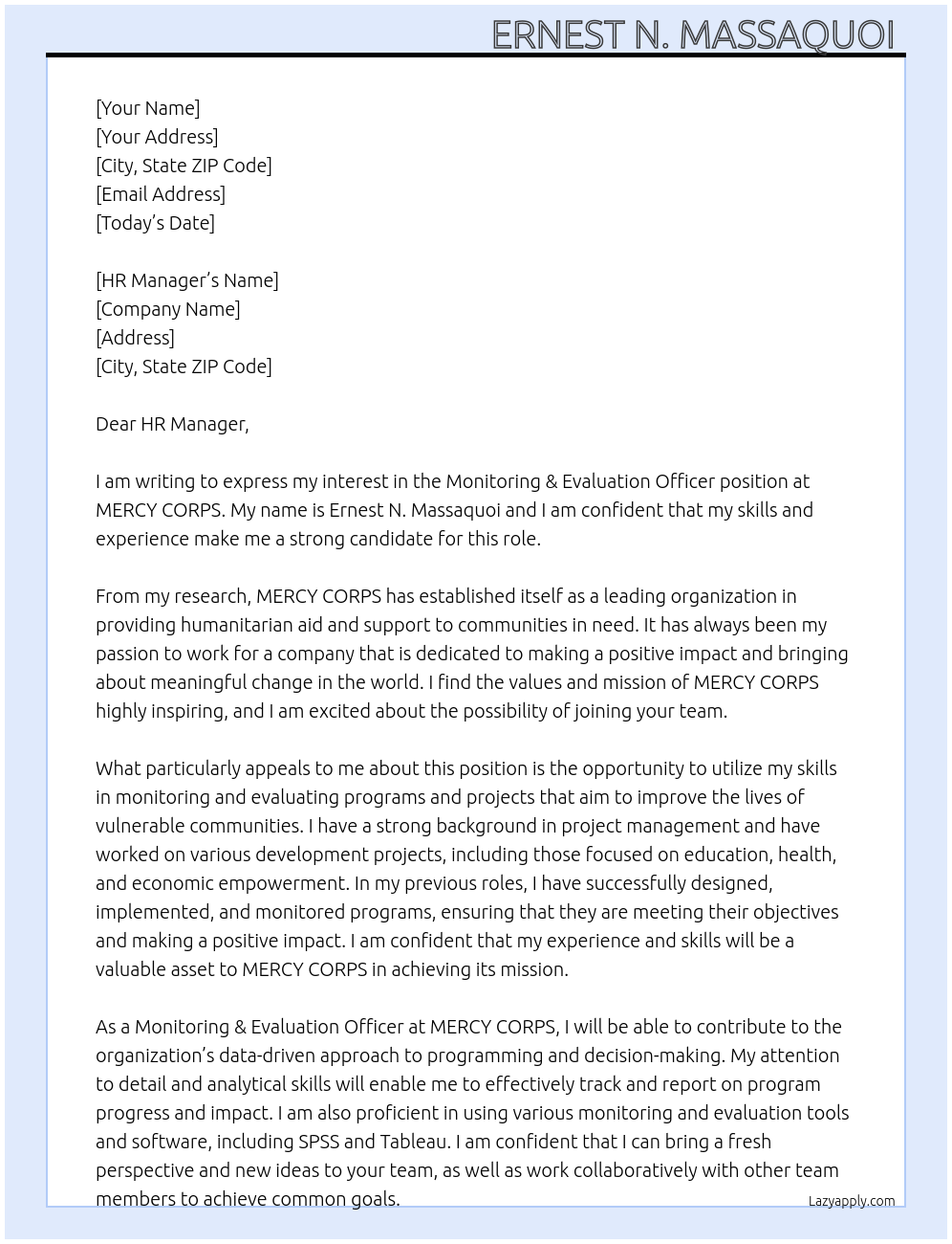 Monitoring & Evaluation officer  At MERCY CORPS Cover Letter