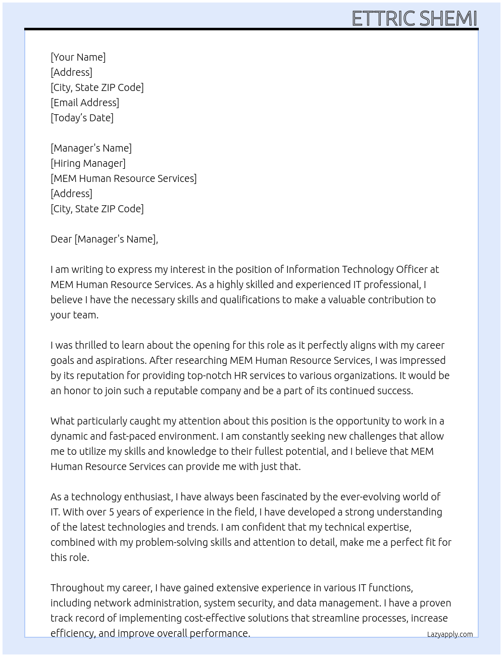 Information Technology Officer At MEM Human Resource Services Cover Letter