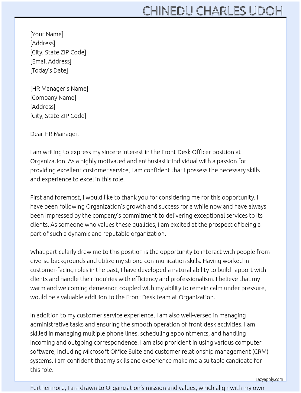 Front Desk Officer At Organization Cover Letter