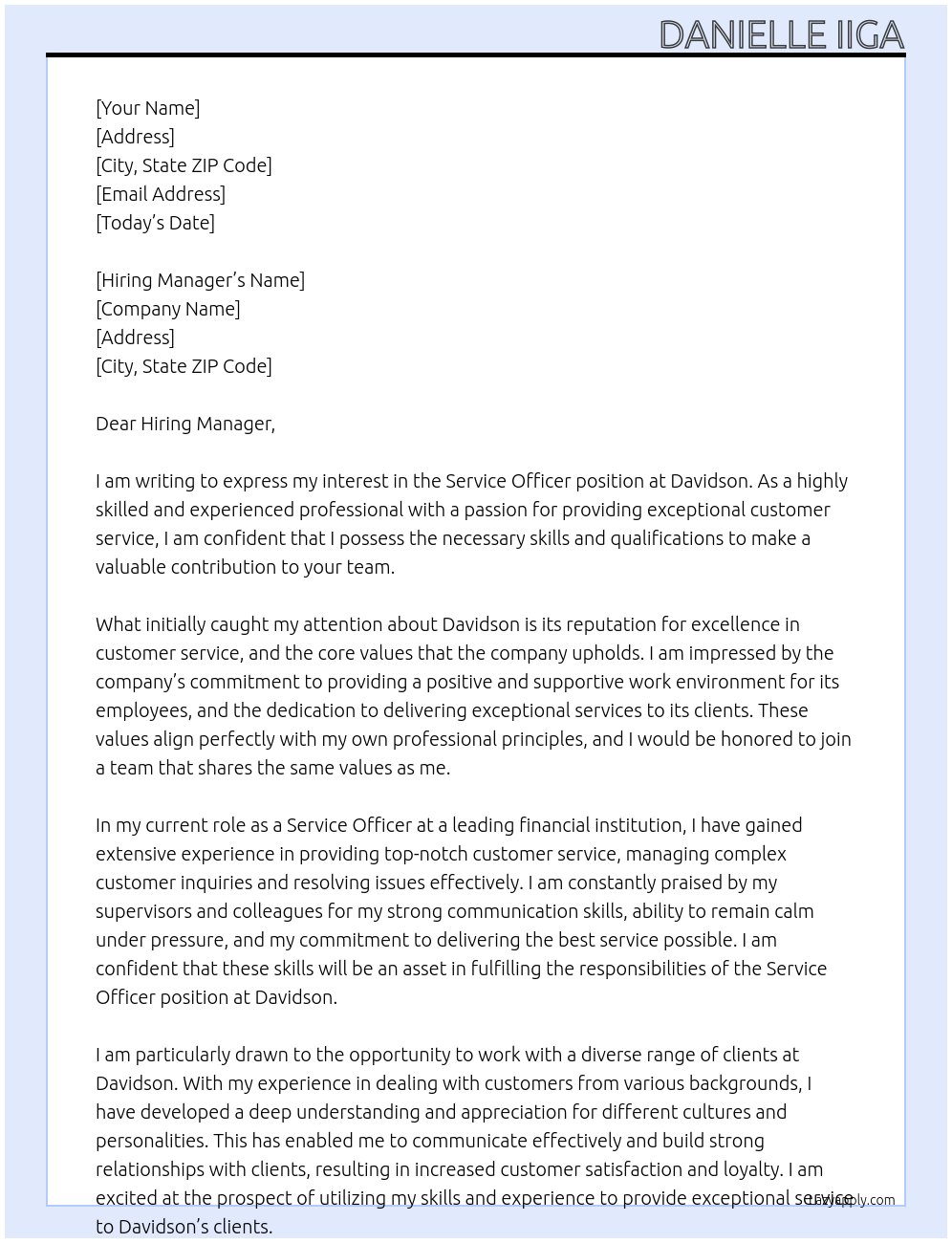 Service Officer At Davidson Cover Letter