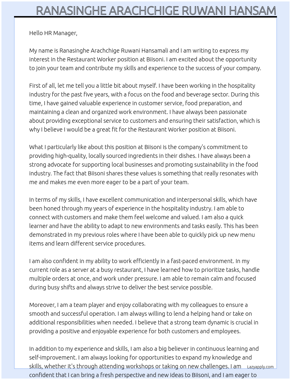 Restaurant worker At Biisoni Cover Letter