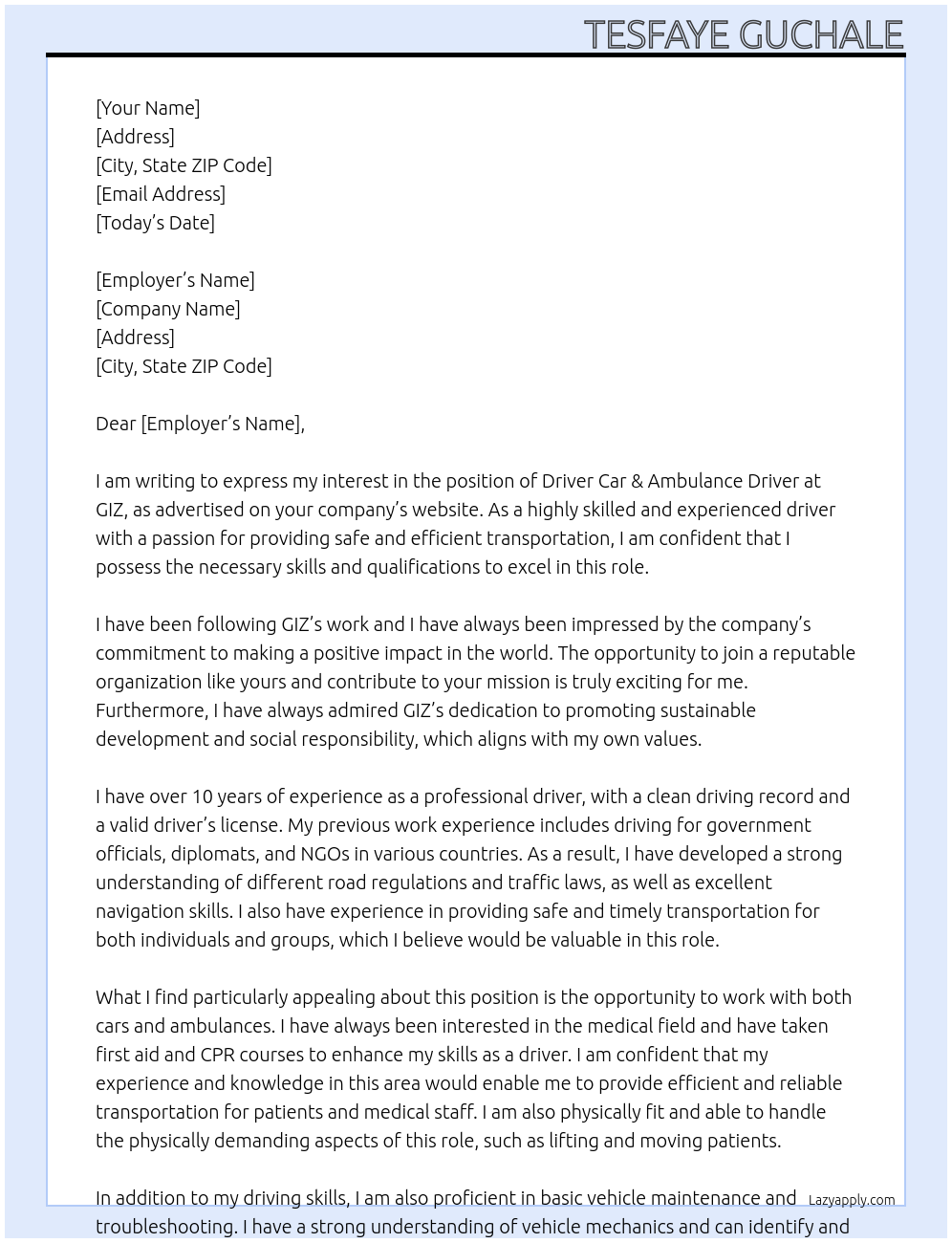 Driver Car & Ambulance Driver At GIZ Cover Letter