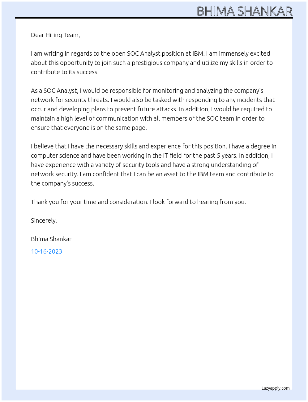SOC Analyst At IBM Cover Letter
