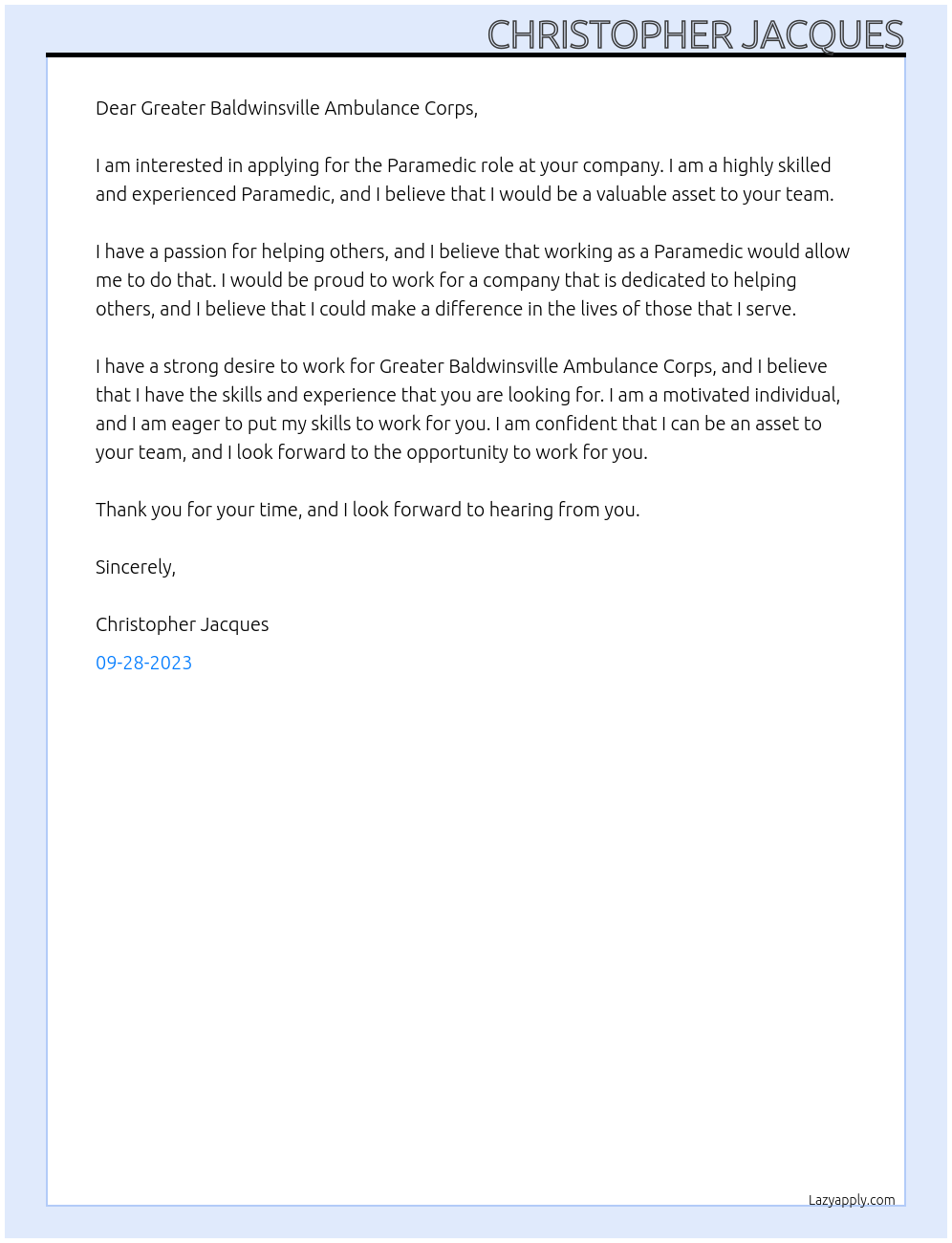 Paramedic At Greater Baldwinsville Ambulance Corps Cover Letter