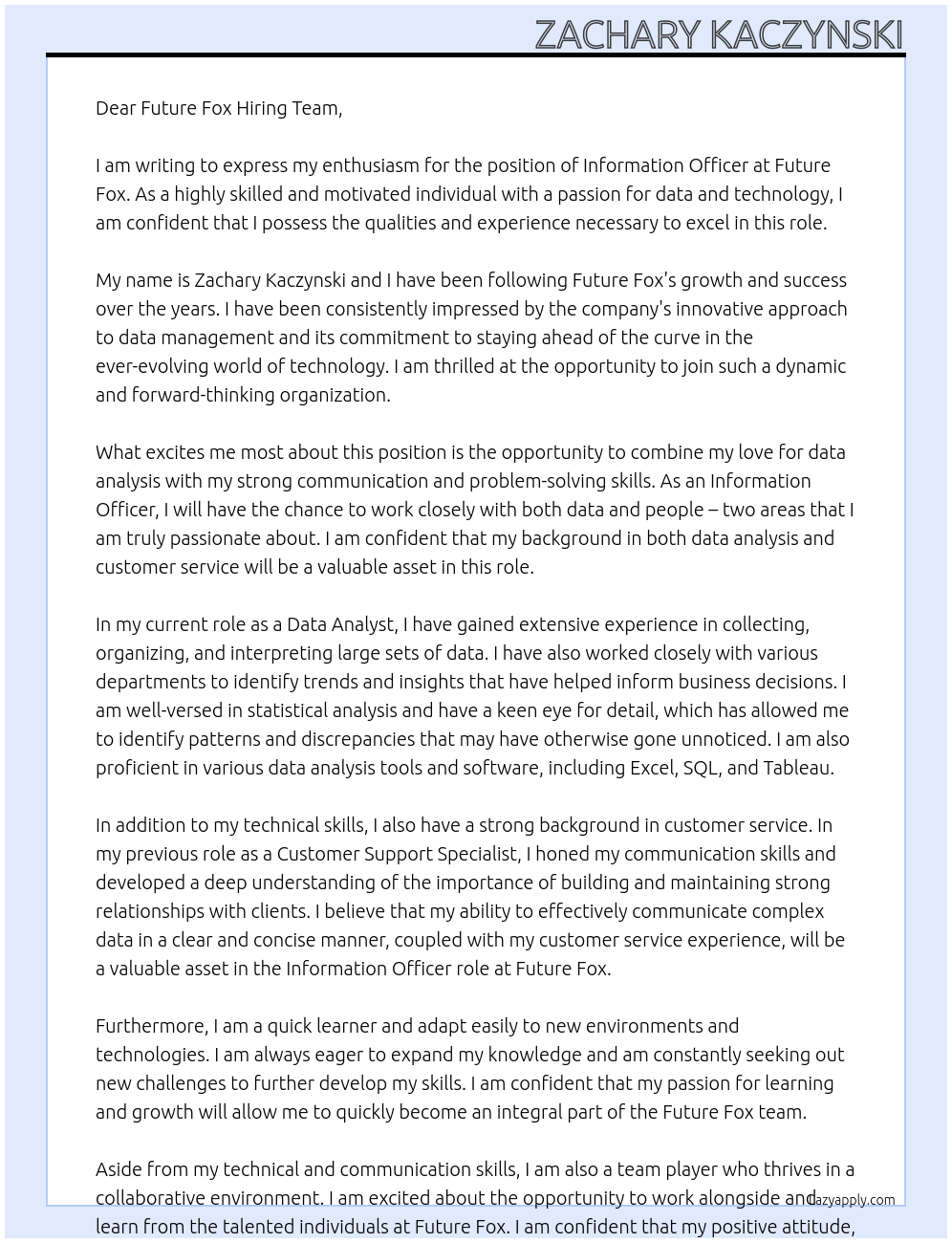 information officer At future fox Cover Letter
