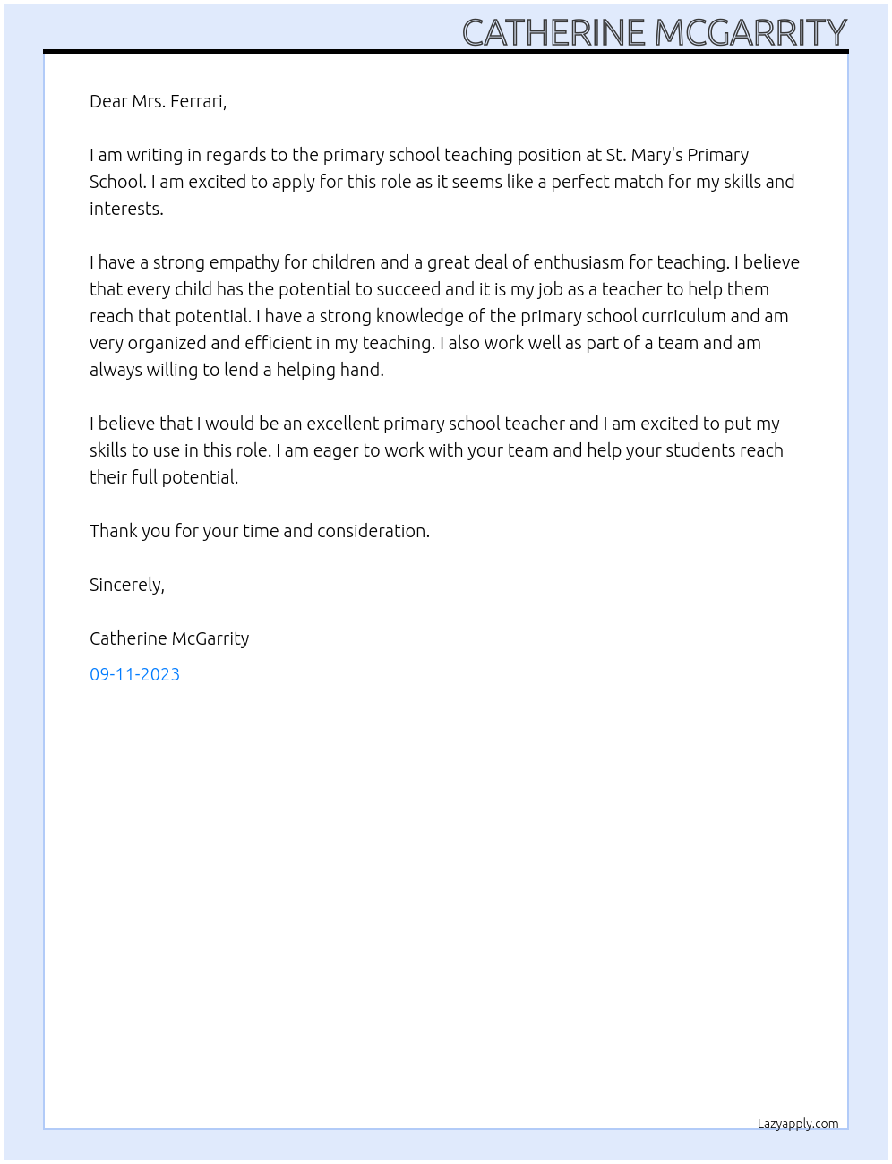 Primary School Teacher At St. Mary's Primary School Cover Letter