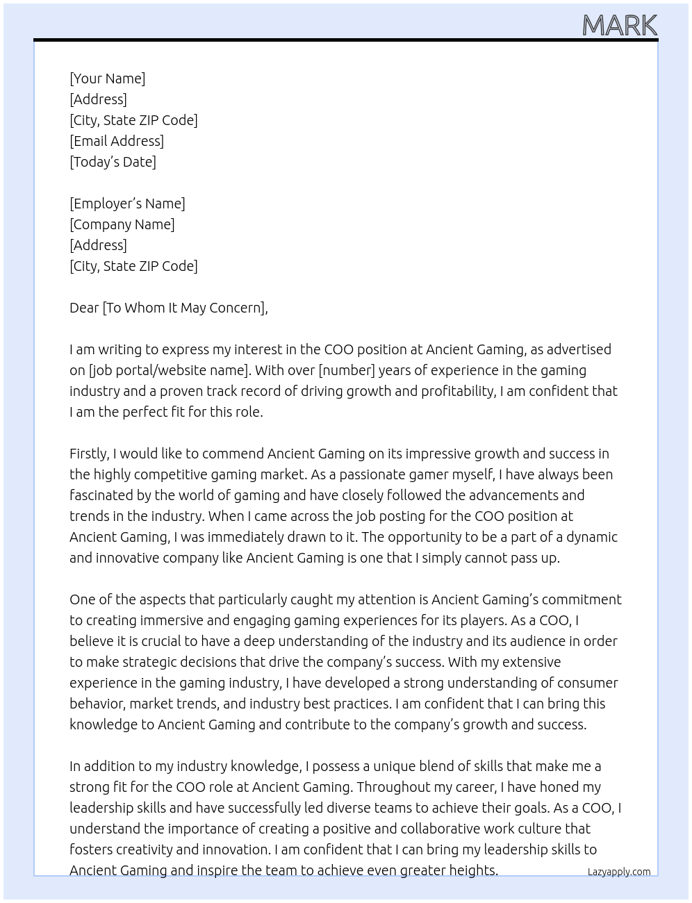 COO At Ancient Gaming Cover Letter