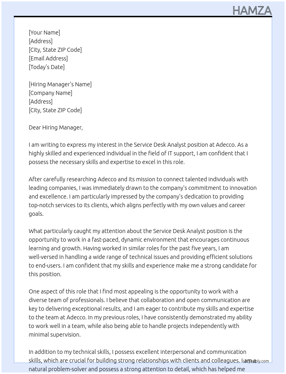 Service Desk Analyst At Adecco Cover Letter