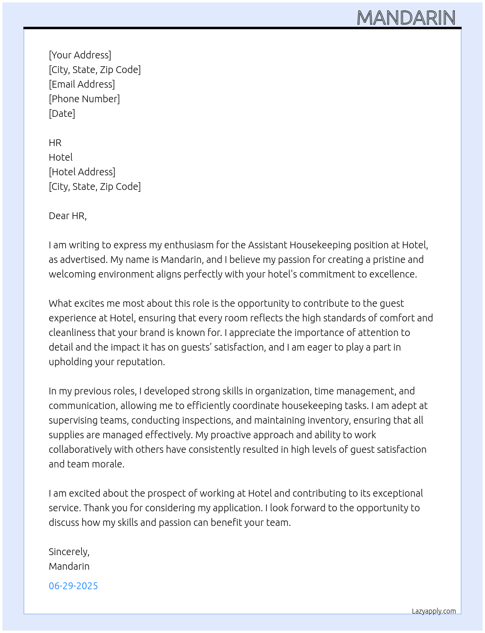 Asistant Housekeeping At Hotel Cover Letter