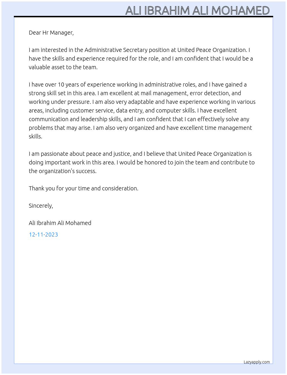 Administrative Secretary At United Peace Organization Cover Letter