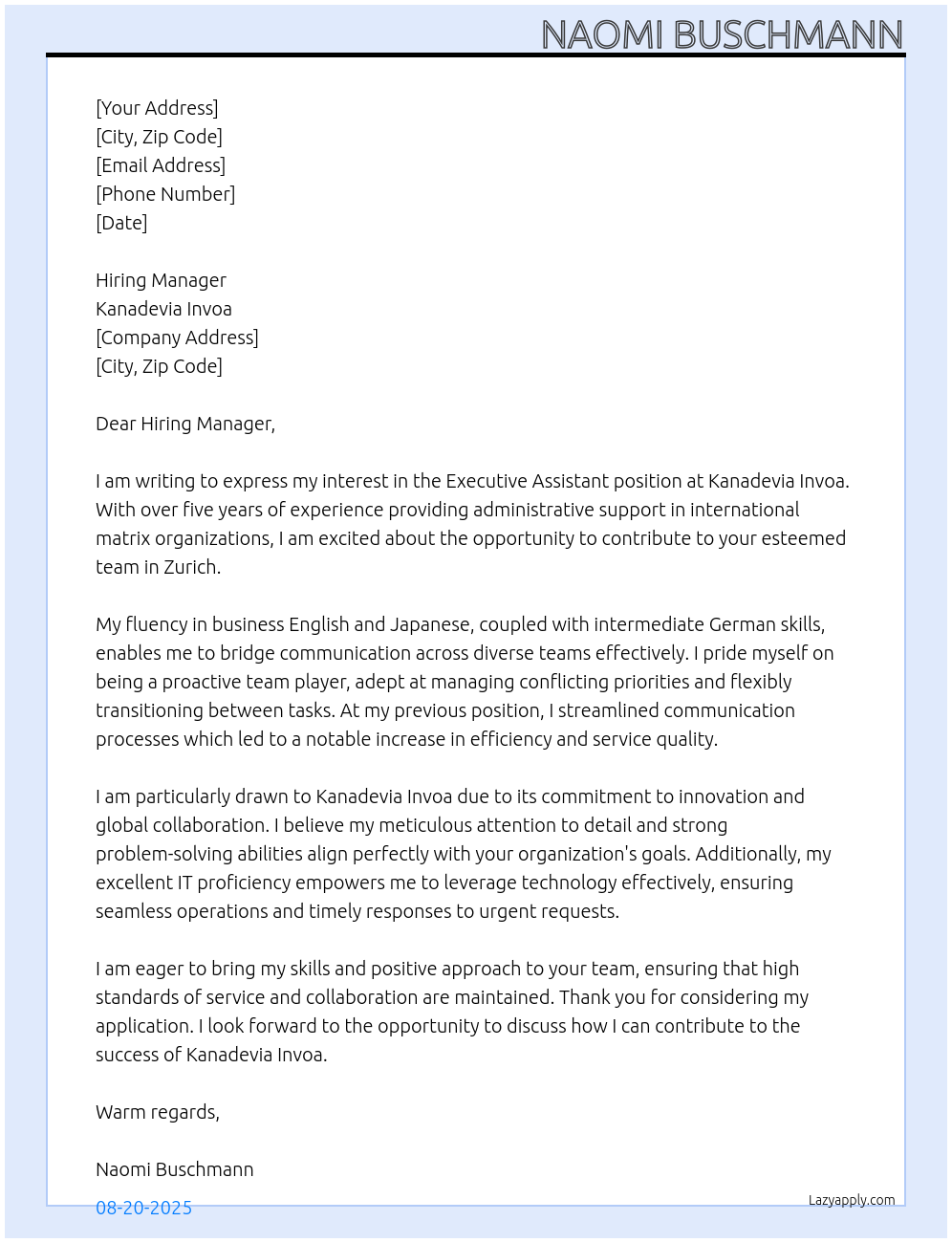 Executive Assistant At Kanadevia Invoa Cover Letter