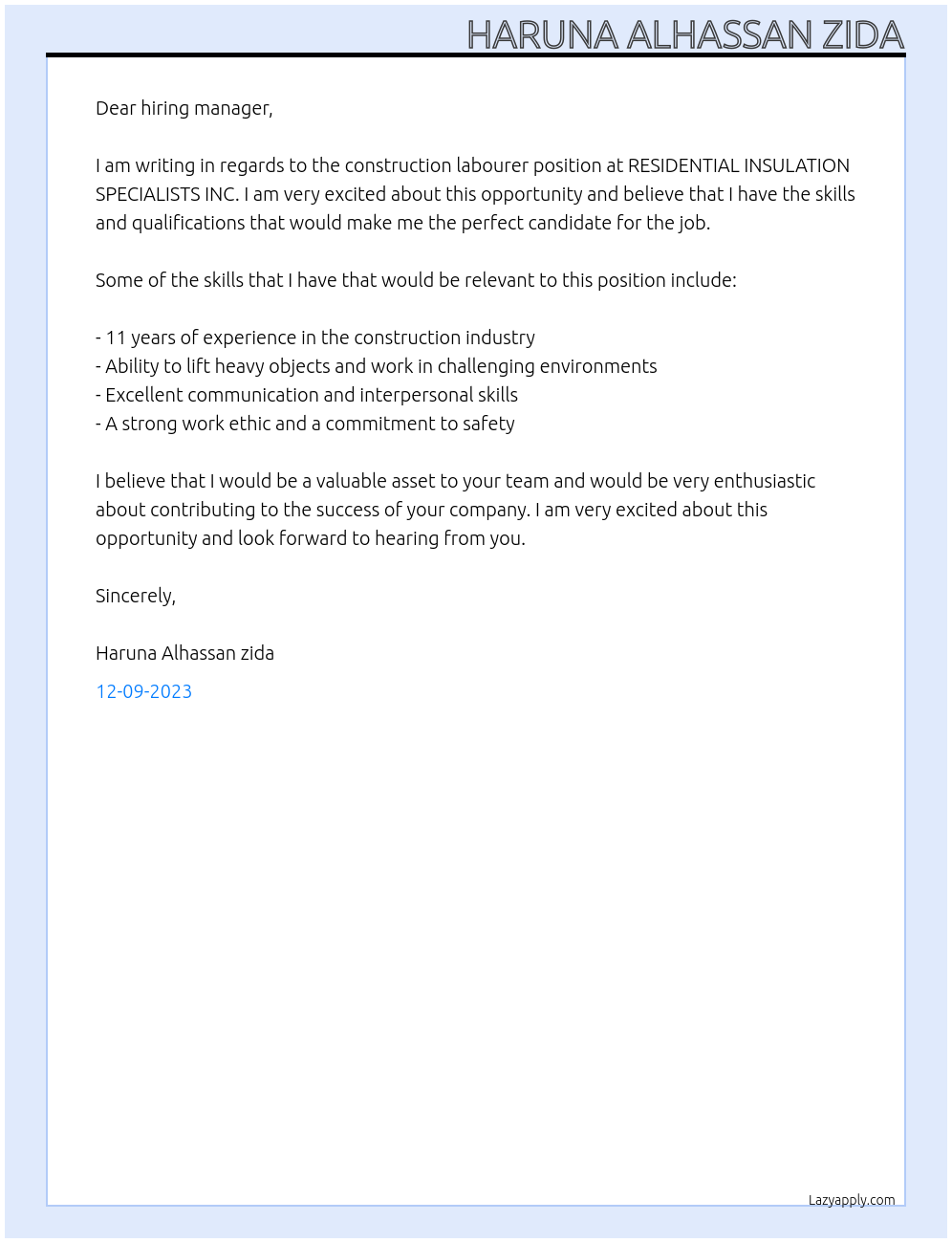 Construction labourer At Job Bank #2707357 Cover Letter