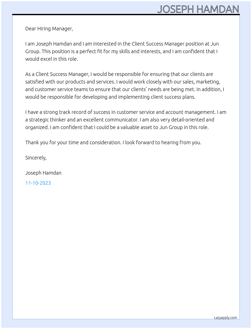 Client Success Manager At Jun Group Cover Letter