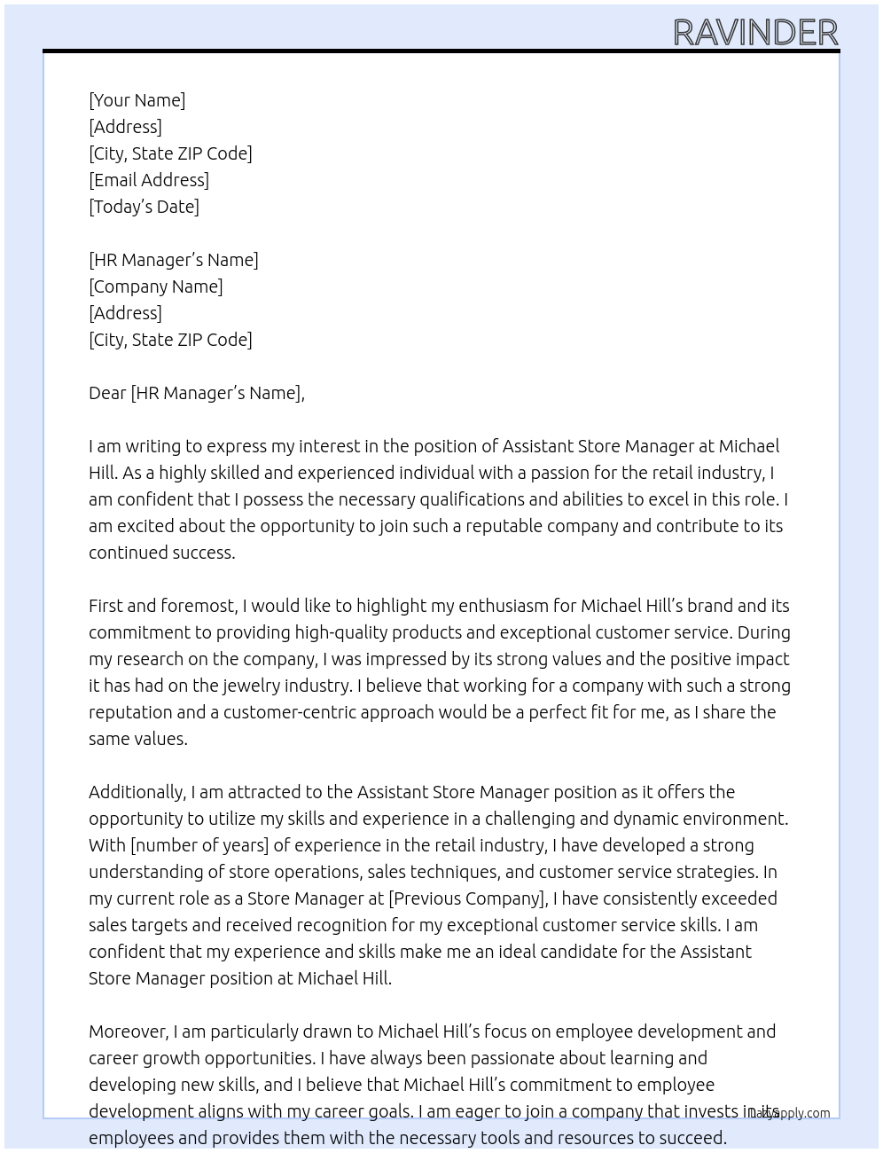 Assistant store manager At Michael Hill Cover Letter