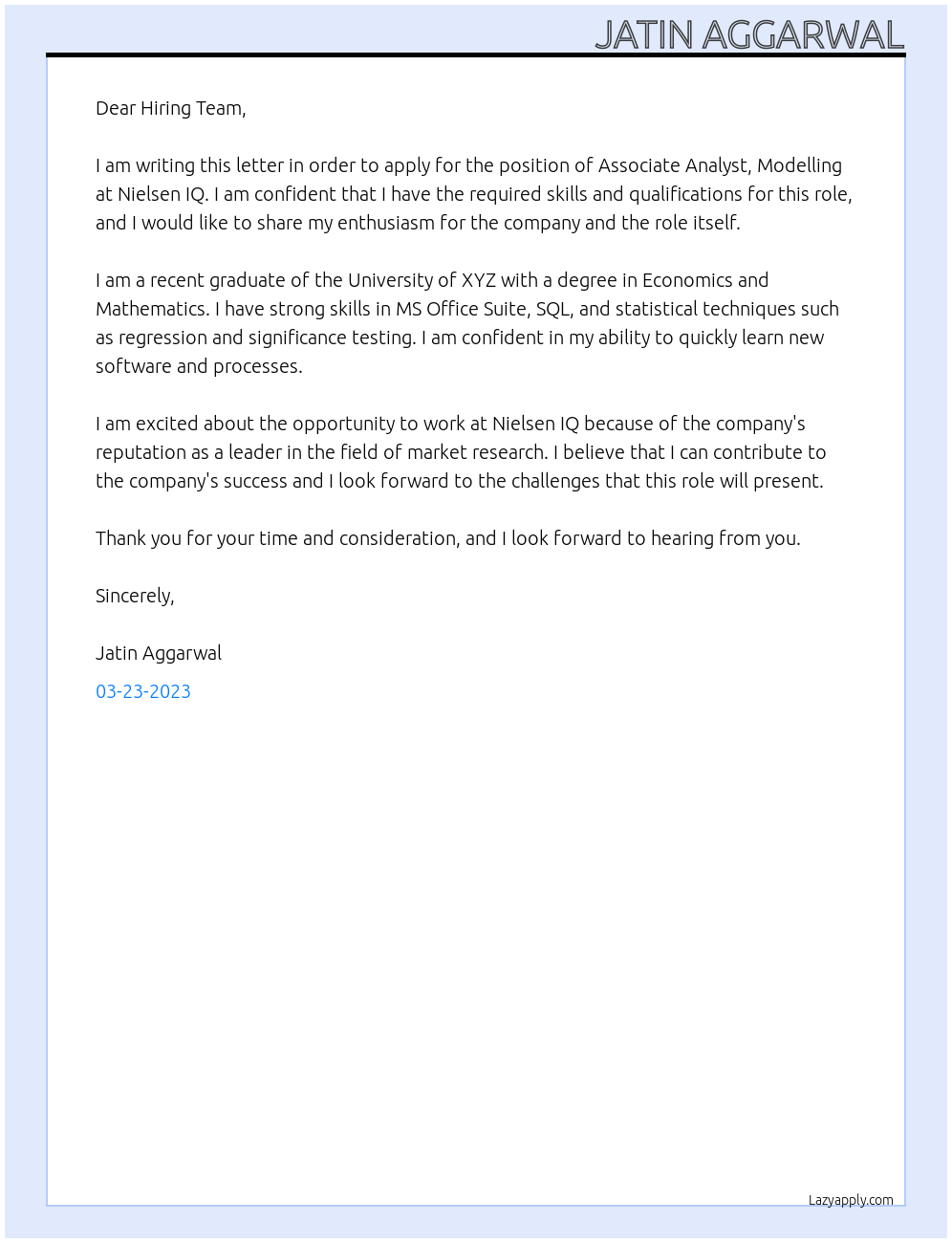 Associate Analyst, Modelling At Nielsen IQ Cover Letter