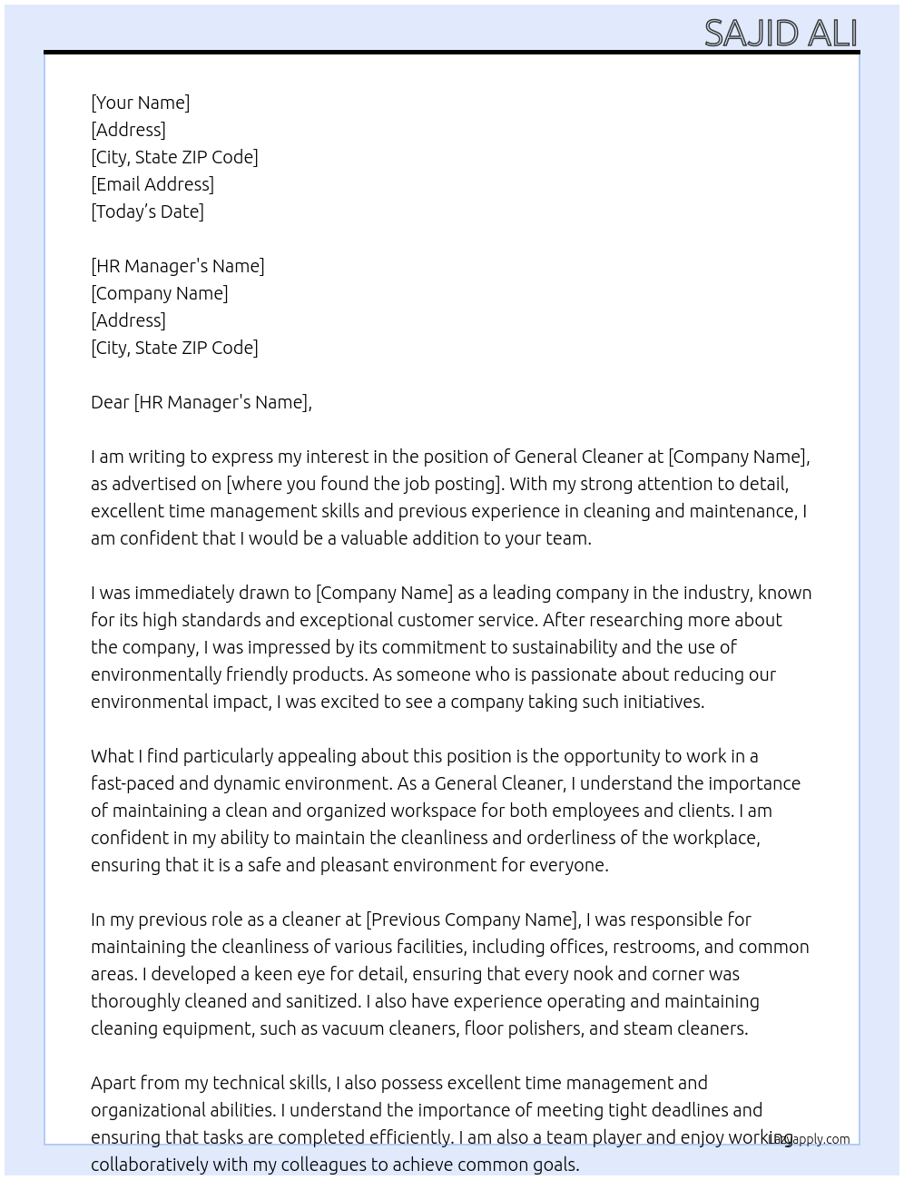 General Cleaner At Sajid Cover Letter