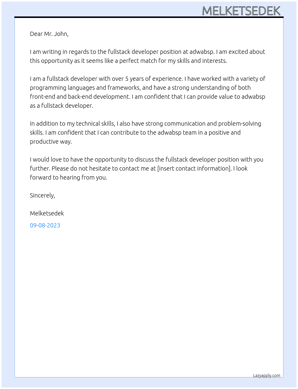 fullstack developer At adwabsp Cover Letter