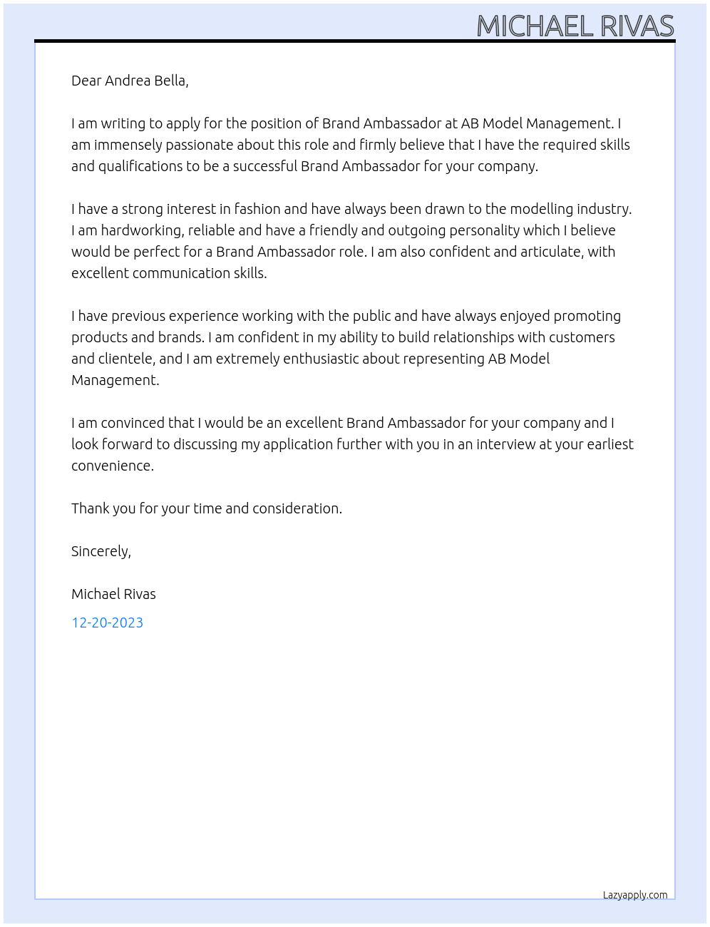 Brand Ambassador  At AB Model Management  Cover Letter