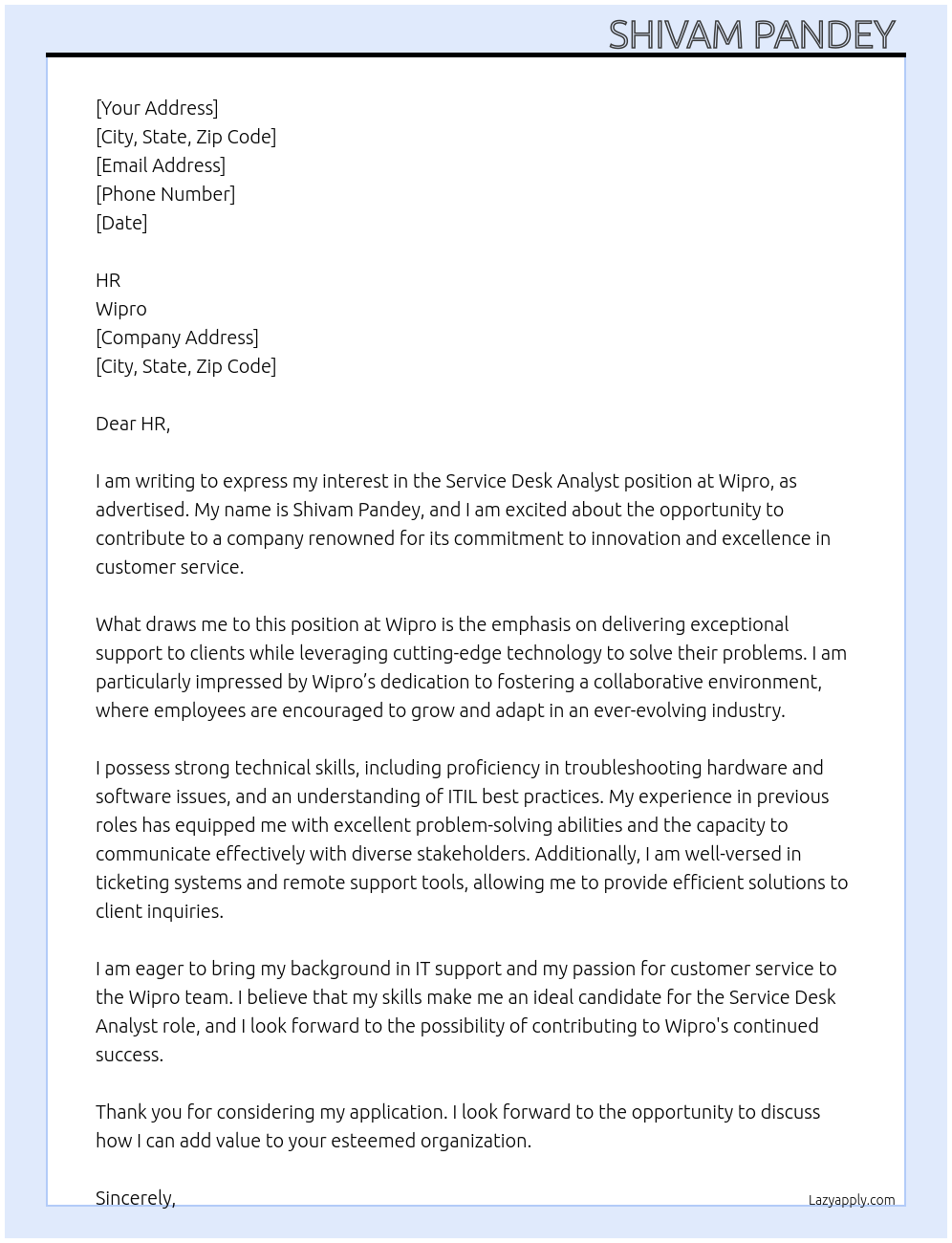 Service desk analyst At Wipro Cover Letter