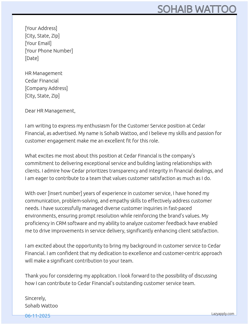 customer service At cedar financial Cover Letter