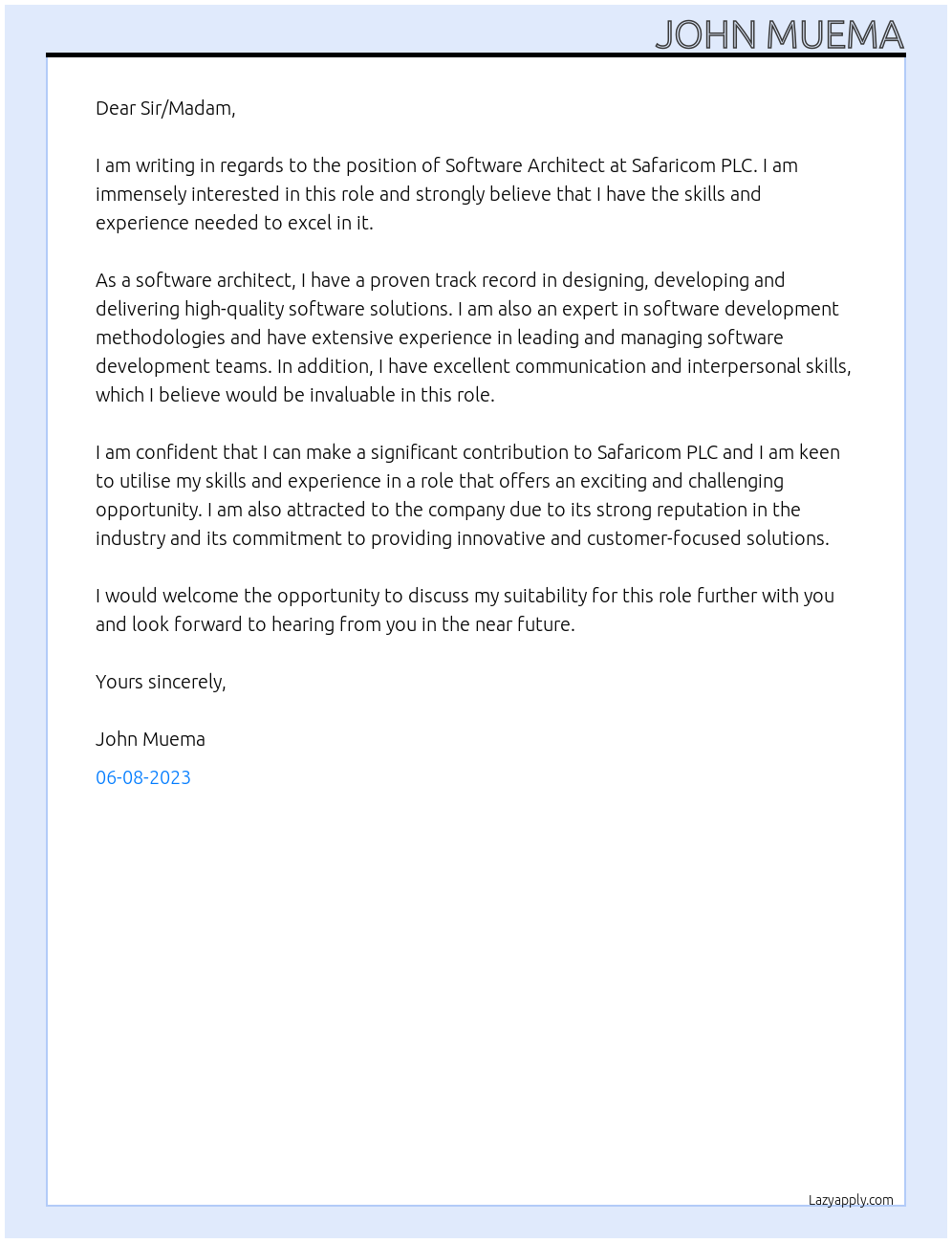 Software Architect At Safaricom PLC Cover Letter