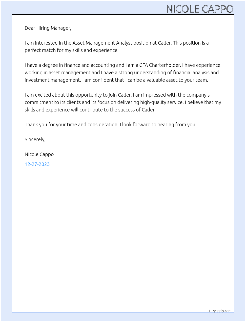 Asset Management Analyst At Cader Cover Letter