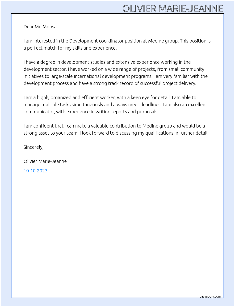 Development coordinator At Medine group Cover Letter