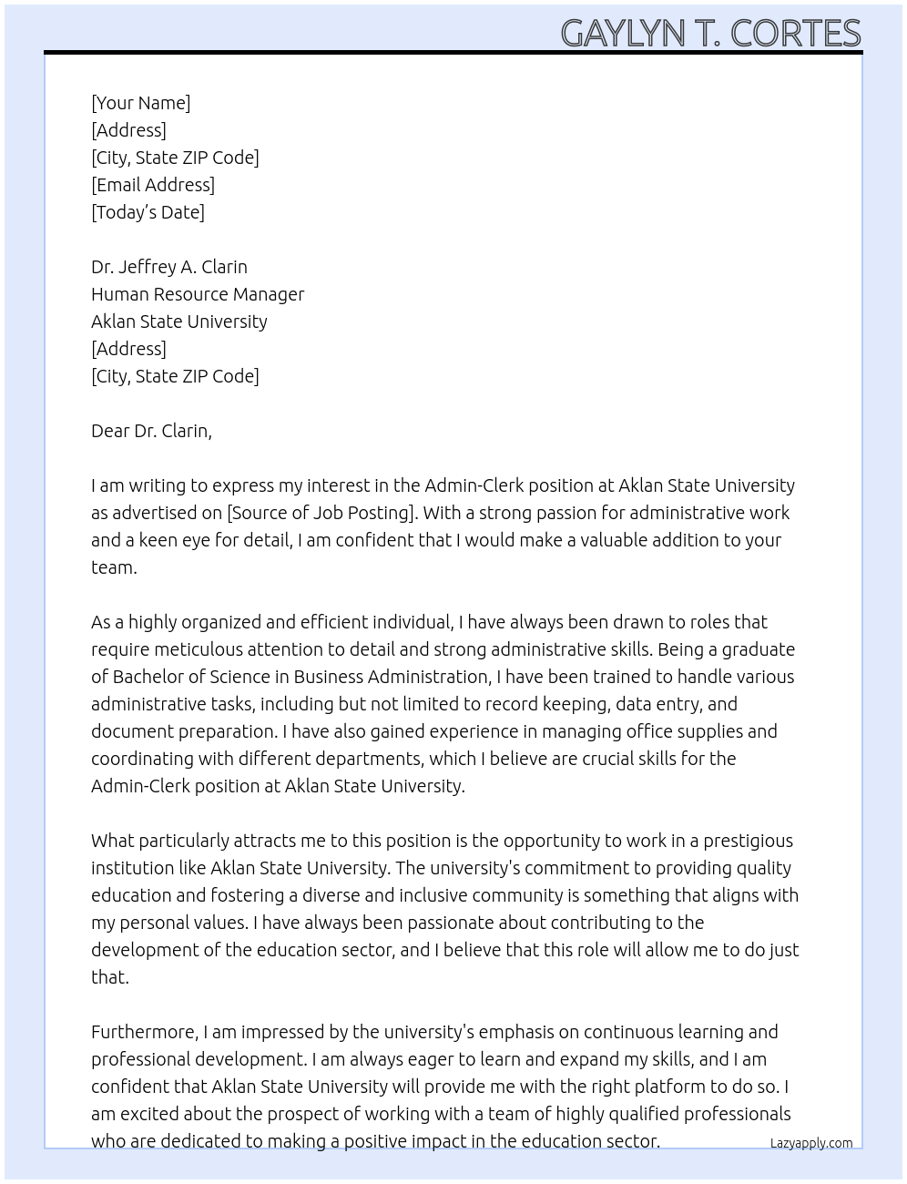 Admin- Clerk At Aklan State University Cover Letter