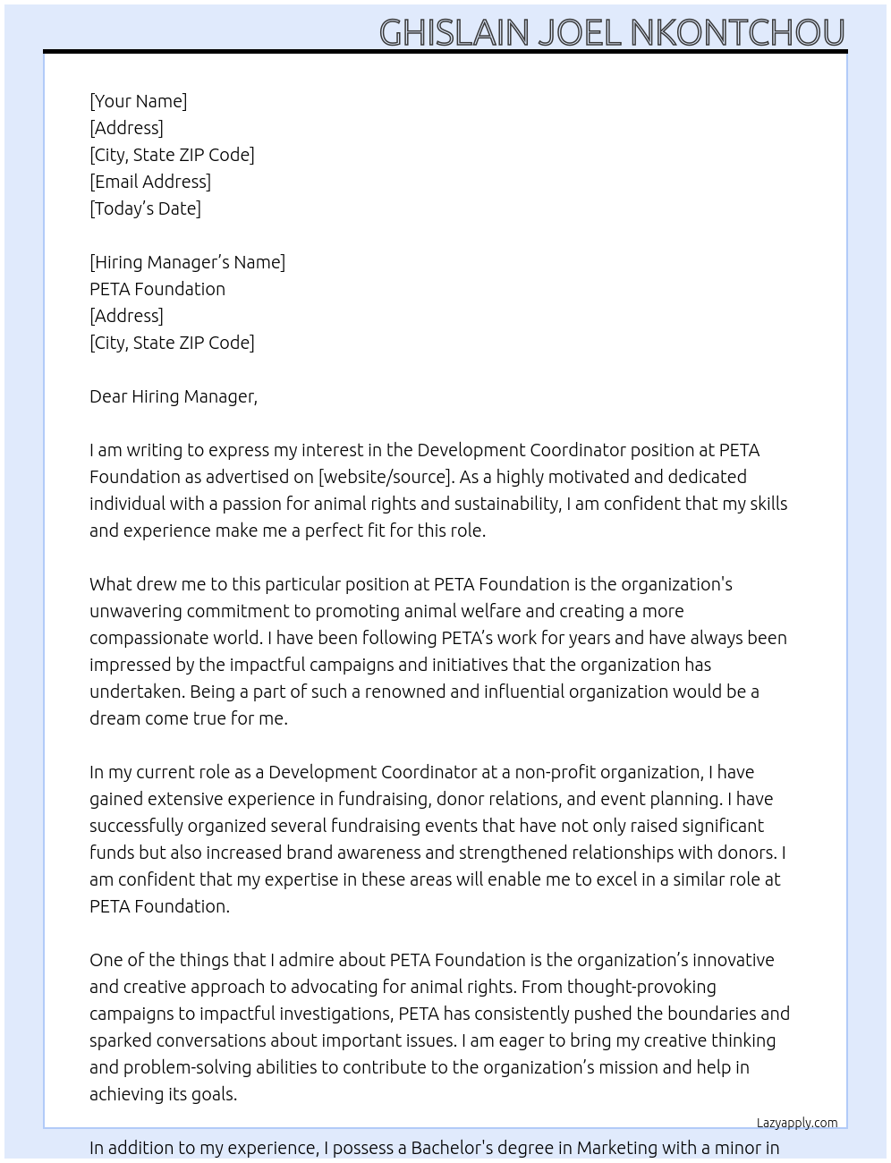 Development Coordinator At PETA Foundation Cover Letter