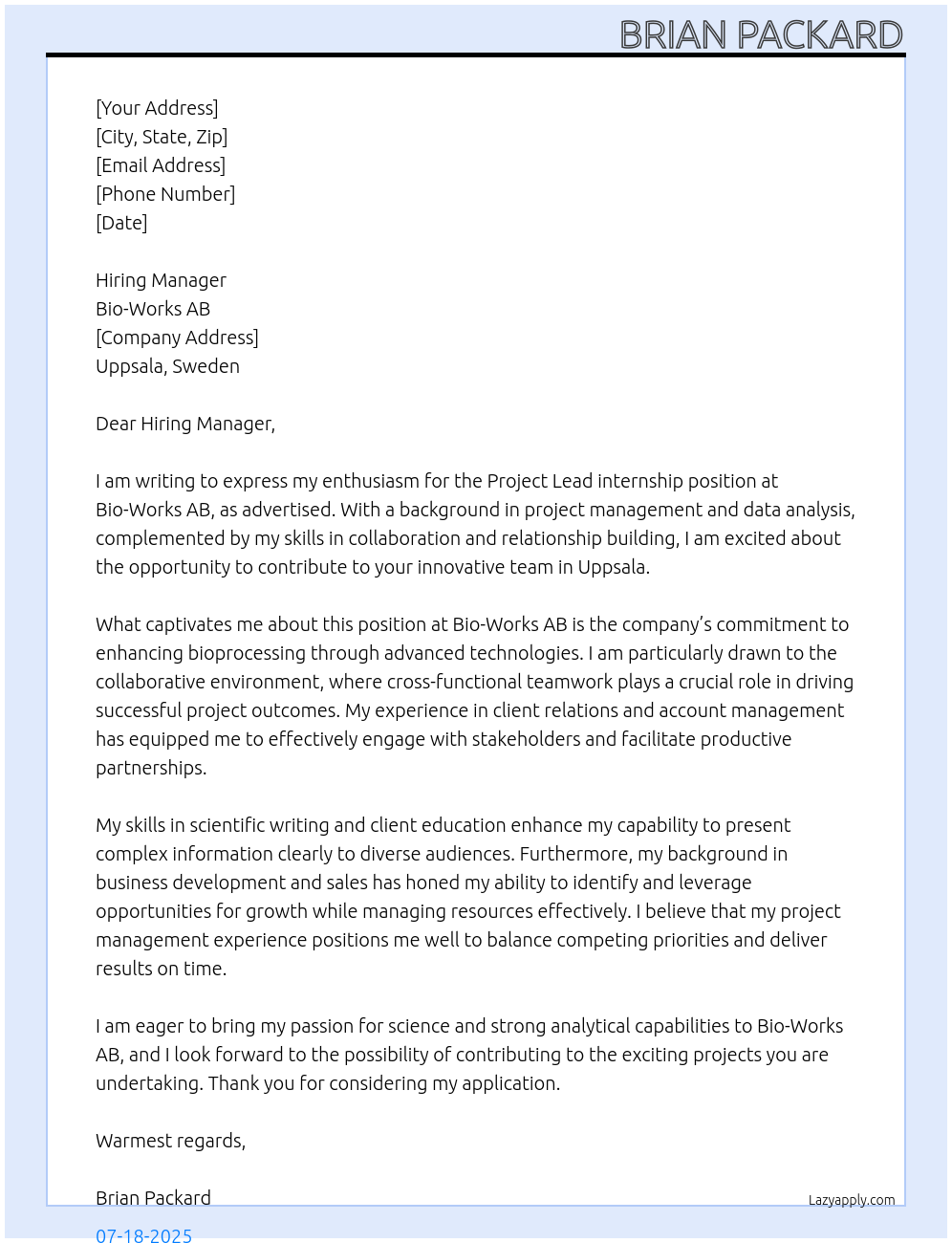 Project Lead At Bio-Works AB Cover Letter