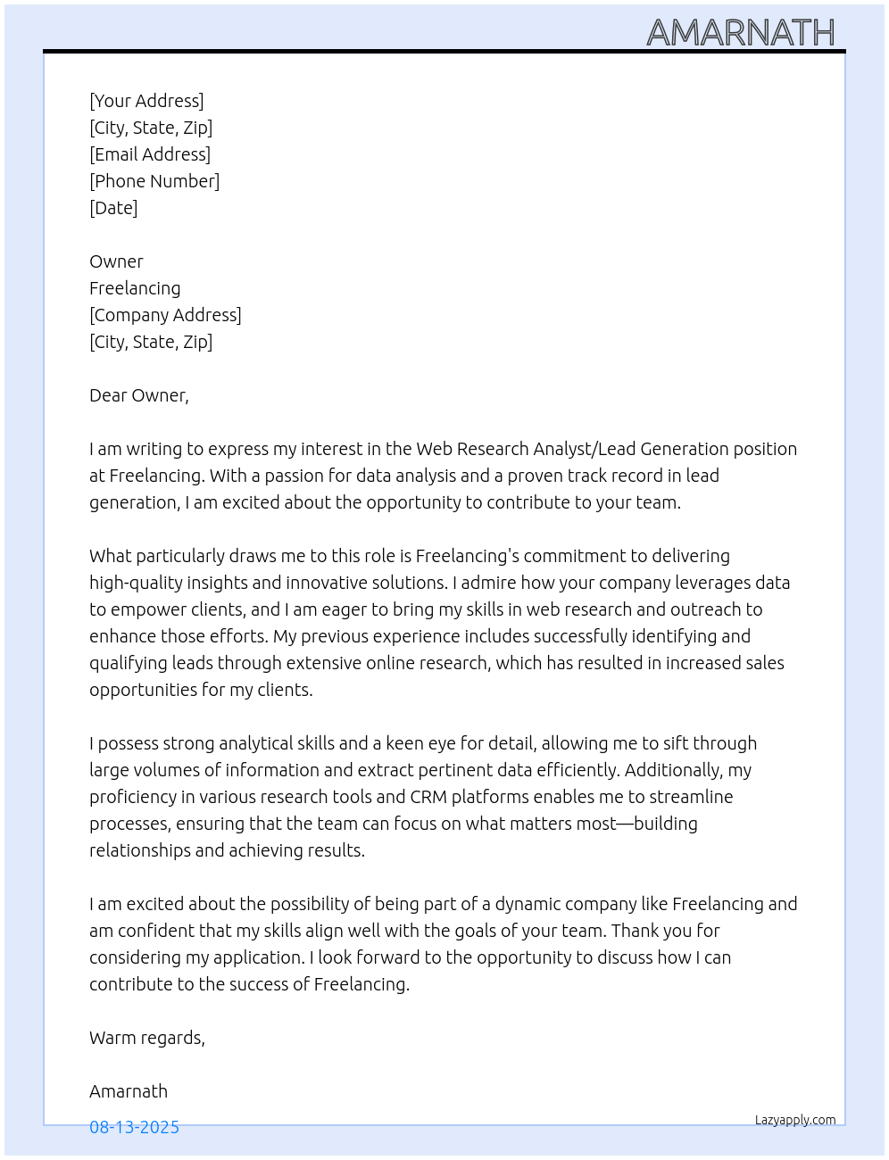 Web Research Analyst/Lead Generation At Freelancing Cover Letter