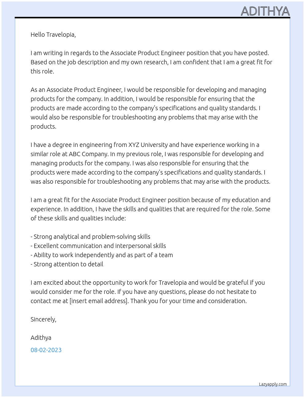 ASSOCIATE PRODUCT ENGINEER At Travelopia Cover Letter