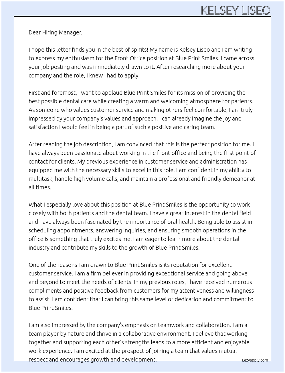 Front office At Blue print smiles Cover Letter