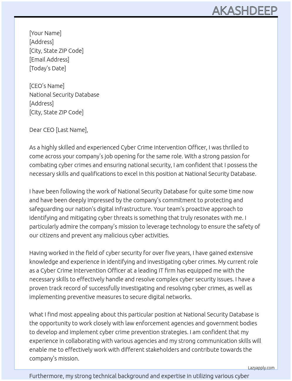 Cyber crime intervention officer  At National security database  Cover Letter
