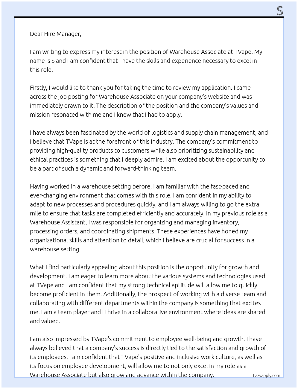 Warehouse Associate At TVape Cover Letter