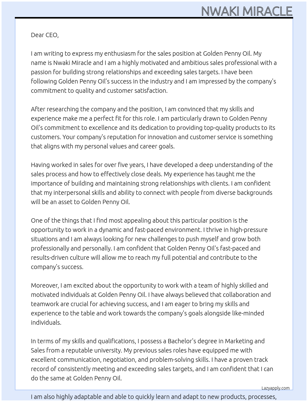 sales person At golden penny oil Cover Letter